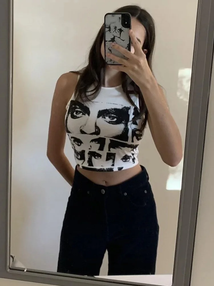 High Street Style Y2K Figure Graphic Crop Top Women Summer Clothes Korean Fashion Sleeveless Tank Top Tee Shirt Streetwear 2024