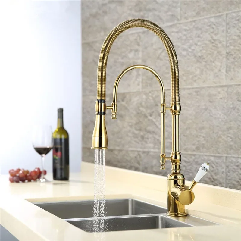 Black Kitchen Faucet Brass Gold Pull Down Sink Pull Out Sink Spring Spout Mixers Tap Hot Cold Water Crane