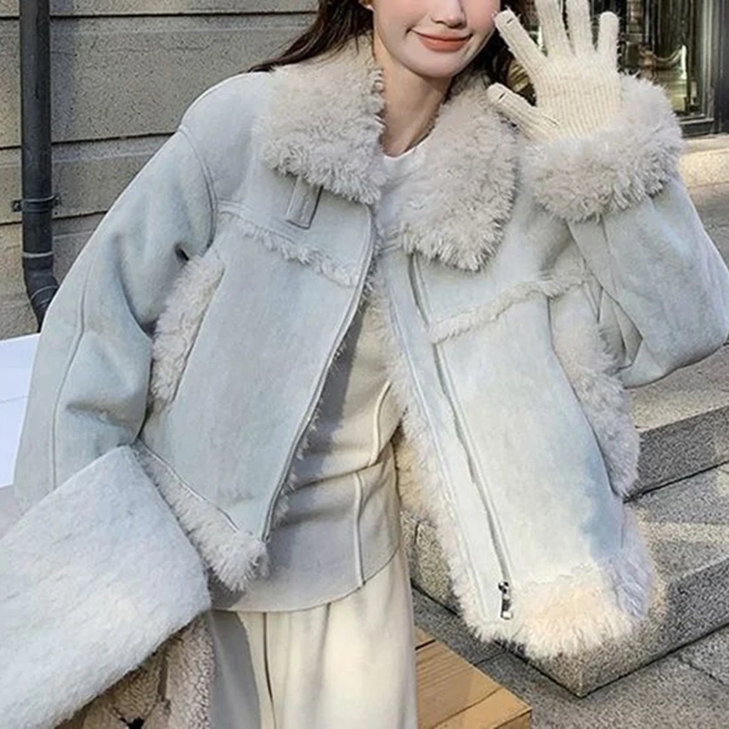 Blue Faux Shearling Parkas Women Fashion Sweet Thick Warm Biker Style Coats Winter Casual Fur Collar Patchwork Outwear Tops New