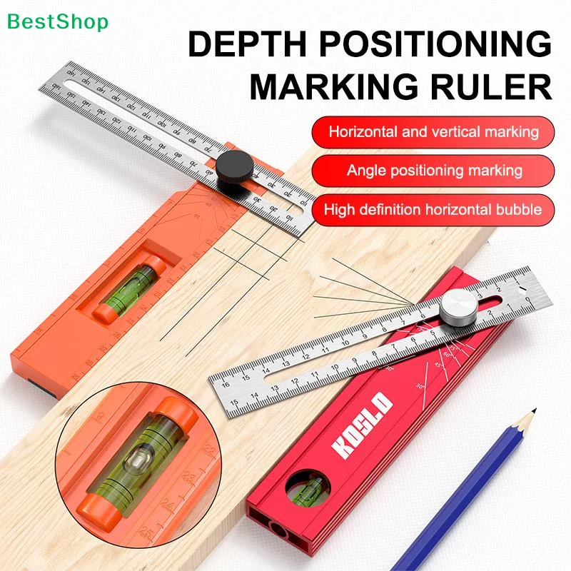 ♥Multifunctional Positioning Marking Ruler with Level, Adjustable Angle & Scale, Precision Woodworking Measuring Tool