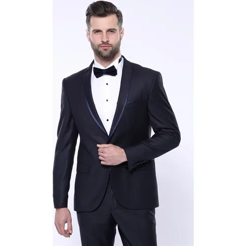 Zifran Collar Pleated Navy Blue Slim Fit Groom Wear men Suit | Zifran