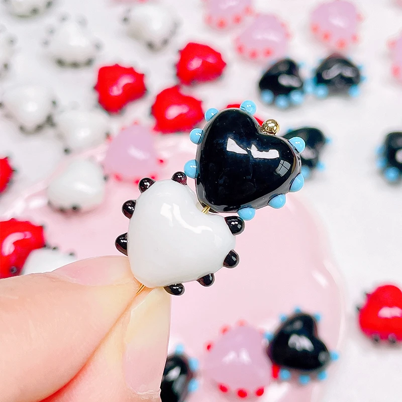 5pcs Heart Shape Lampwork Beads 15x17mm Handmade Round Dot Loose Murano Glass Bead For Jewelry Making DIY Bracelet Earring