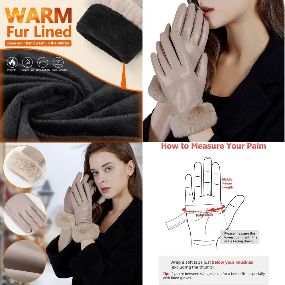 Women's Rabbit Fur Cuff Leather Gloves with Touchscreen for Warm Winter Driving in Multicolor