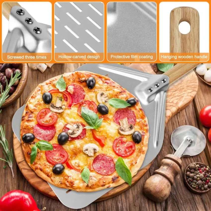 12 Inch Aluminium Alloy Pizza Shovel Wood Wood Handle Professional Nonstick Lightweight Pizza Peel Shovel Baking Pastry Tool