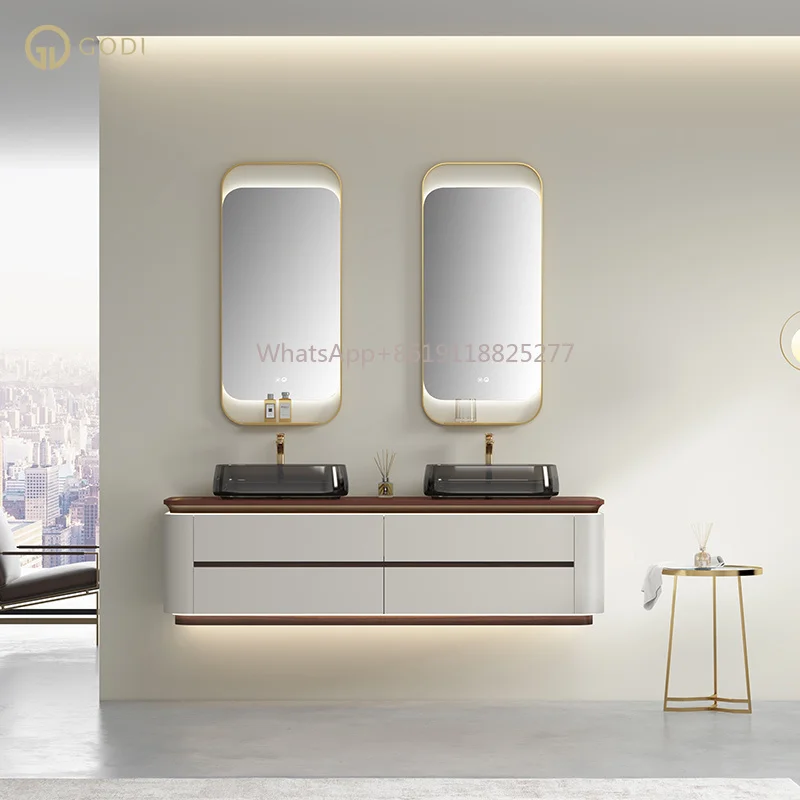 

GODI euro style high end wall mounted bath top double sink 72 inches white and gold bathroom vanity cabinet with led mirror