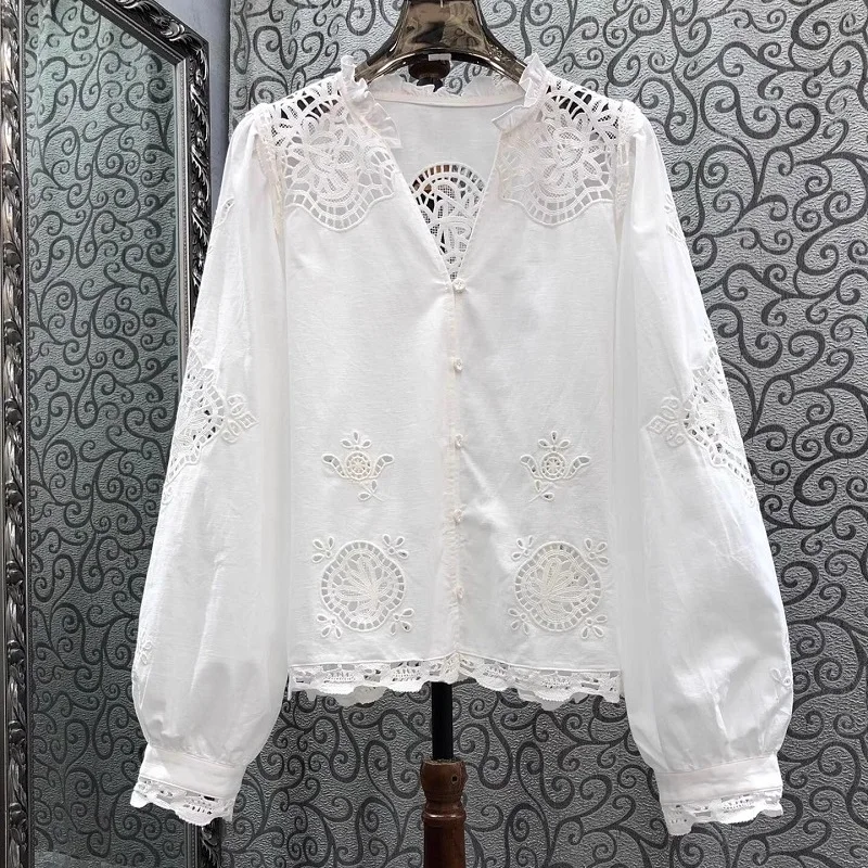 Tops Fashion New Shirt 2025 Spring Summer Blouses Women V-Neck Crochet Embroidery Long Sleeve Elegant White Shirt Blouses Linen