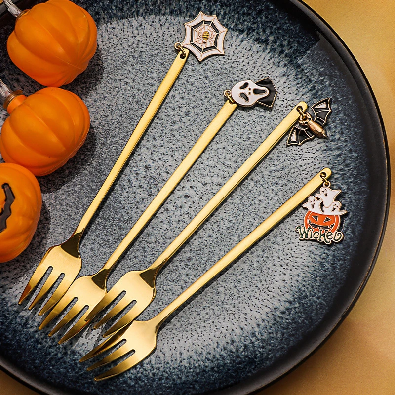 Halloween Stainless Coffee Spoons Fork Pendant Gold Party Dining-table Cutlery Party Witch Ghost Witch Bat Accessories Supplies