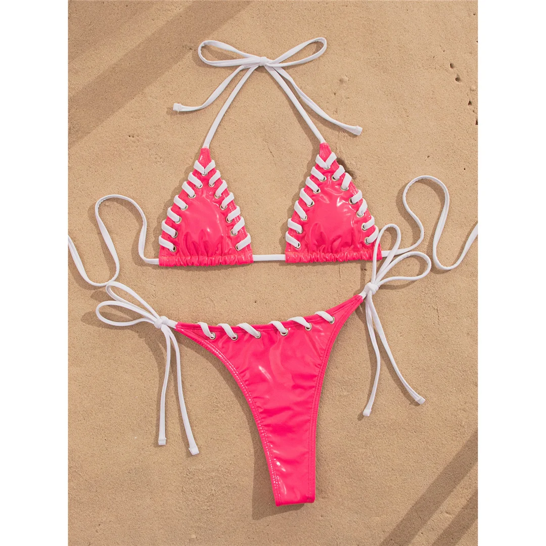PU-Kunstleder-Bikini mit Neckholder, Damen-Badeanzug, zweiteiliges Bikini-Set, hoch geschnittene Beine, Badebekleidung, Badeanzug, Modell V8095 – Detail 4