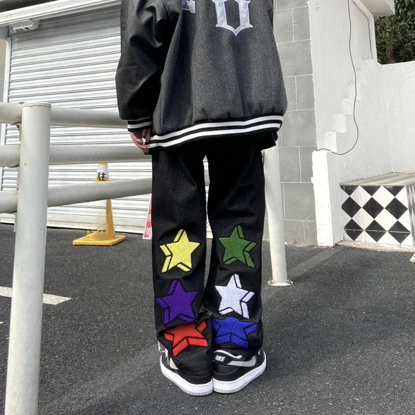 

Youhaoxuan Street Sle Loose Straight Leg Casual Jeans Letter Print Star Decal Streetwear Hip Hop Loose Fit Classic Blue Jeans