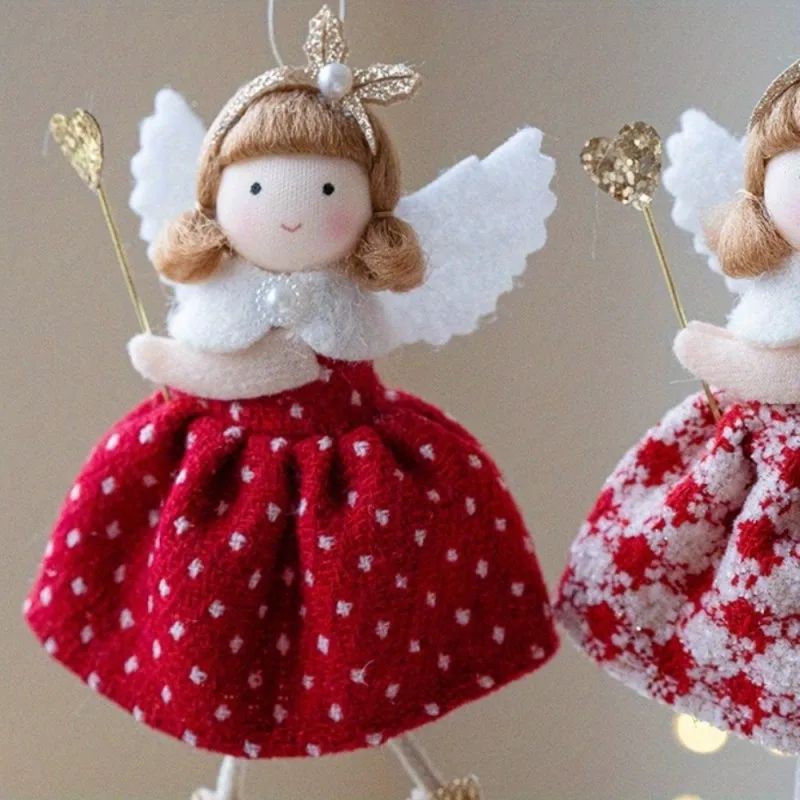 Christmas Girl Angel Doll Pendant Plush Checkered Skirt Pearl Headpiece Doll Christmas Tree Pendant Navidad