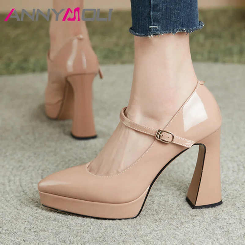 ANNYMOLI Women Pumps Fashion Platform High Hoof Heels Pointed Toe Mary Janes Party Spring Autumn Shoes Black Nude 34-39