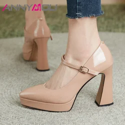 ANNYMOLI Women Pumps Fashion Platform High Hoof Heels Pointed Toe Mary Janes Party Spring Autumn Shoes Black Nude 34-39