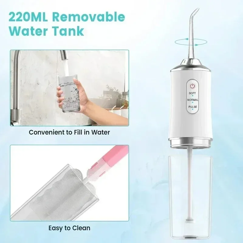 Electric oral irrigator, wireless water flosser with 4 jet tips, 220ml water tank, and 3 cleaning modes