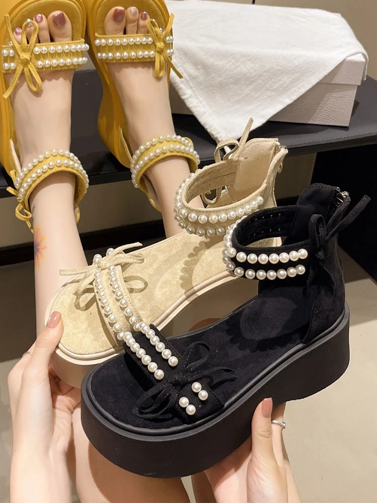 Roman Style Pearl Thick Heel Sandals Women's Fashion Fairy Tale Style Slip-On Shoes Spring Summer New Arrival Korean Style