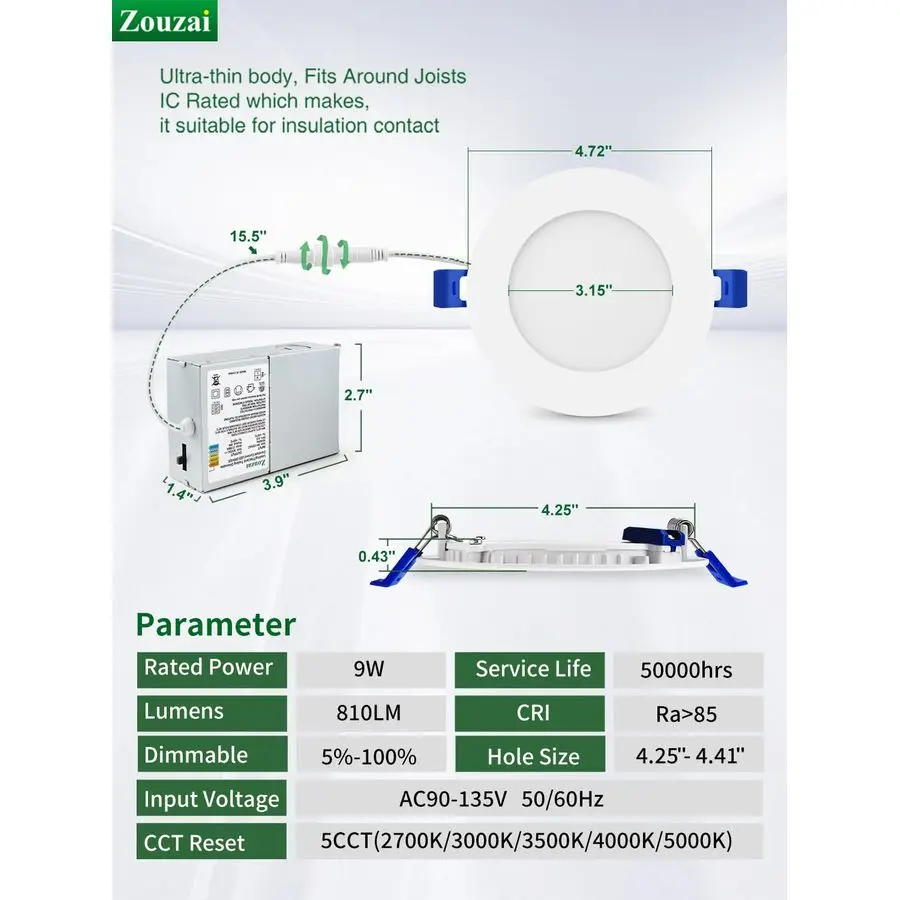 12 عبوة من مصابيح السقف LED فائقة النحافة مقاس 4 بوصات 5CCT مع صندوق توصيل، 2700K 3000K 3500K 4000K 5000K قابلة للاختيار، 9W Eqv 80W