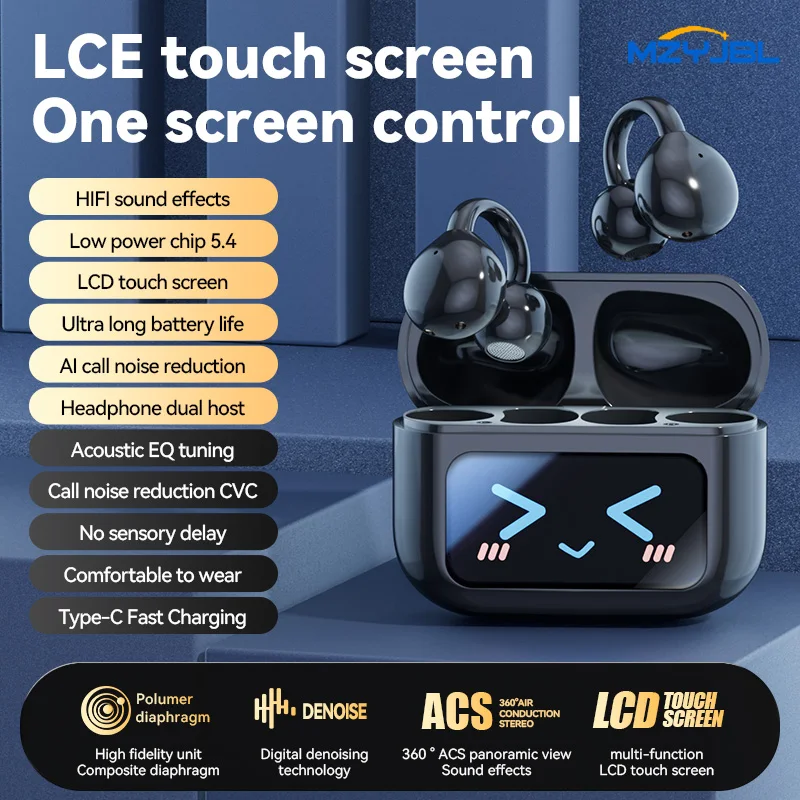 

MZYJBL M100 Ear Clip Headphones Wireless Ear buds Bluetooth5.4 LCD Touch screen Earphones ENC Noise Cancelling Headset Display