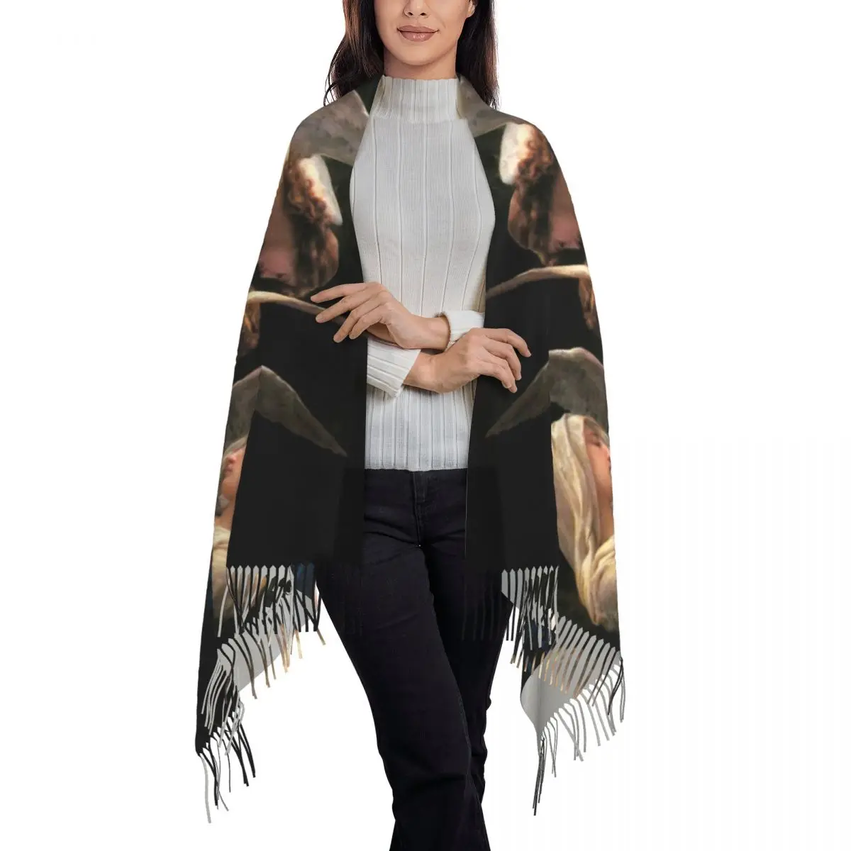 Female Long Our Lady Song Of Angels Virgin Mary Scarves Winter Soft Warm Tassel Shawl Wraps Jesus Music Catholic Saint Scarf