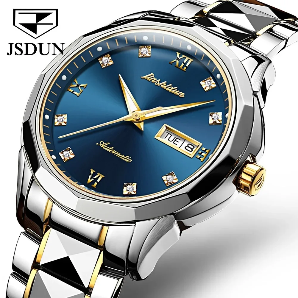 

JSDUN 8813 Tungsten steel Strap Automatic Mechanical Watch For Men Business Waterproof Men Wristwatch Calendar Week Display