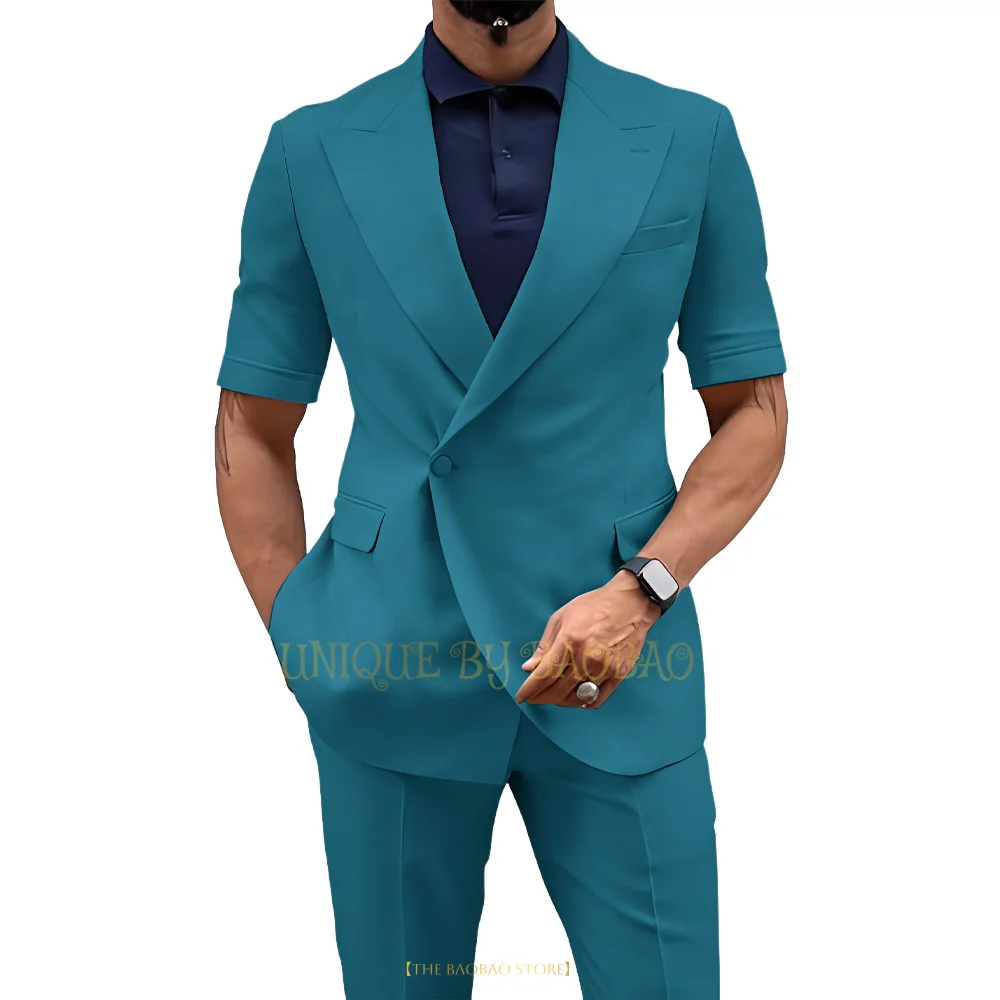 

Men's summer 2-piece suit (jacket+pants) lake blue short-sleeved blazer wedding groom dance refreshing beach party custom tuxedo