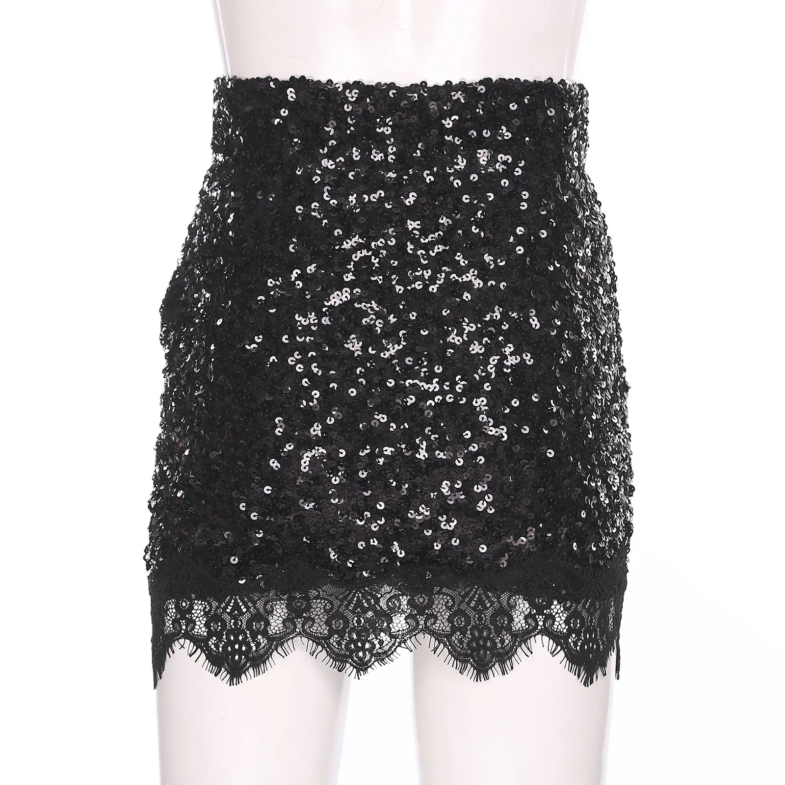 Femmes fête paillettes Mini jupes discothèque Costume paillettes scintillantes jupe moulante Bar Clubwear Femme taille haute dentelle garniture jupe