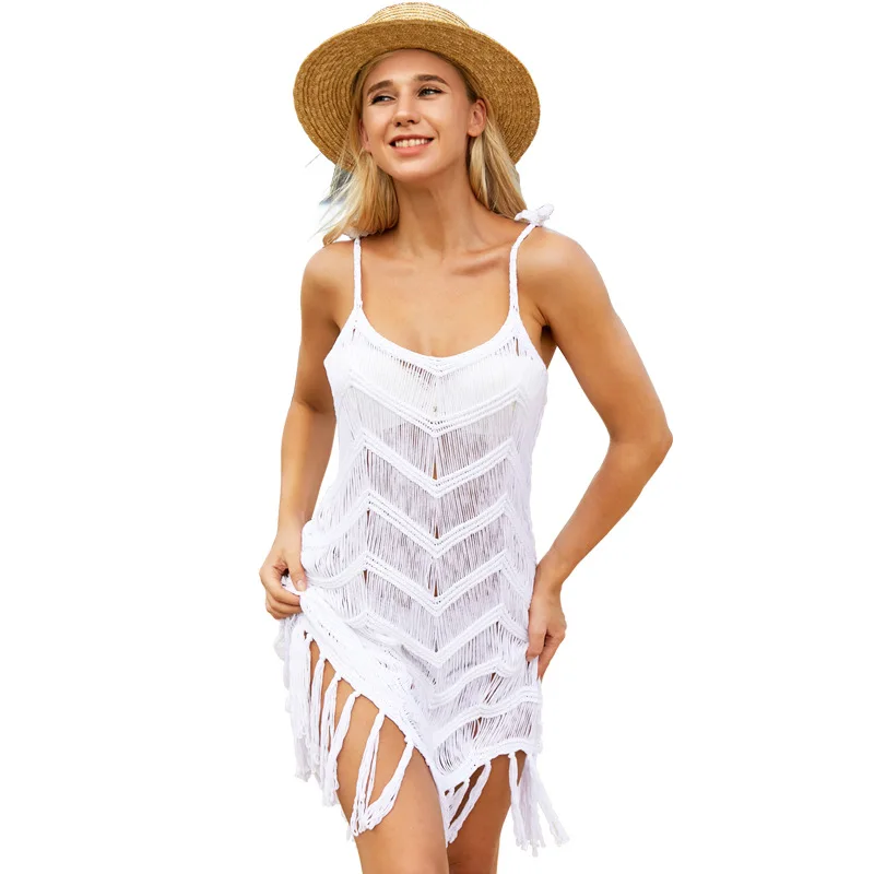 Sexy Summer Crochet Dress Beach Outfits Smock Swimsuit Women Tassel Bikini Cover Ups White Hollow-out Vacation Sunscreen Clothes