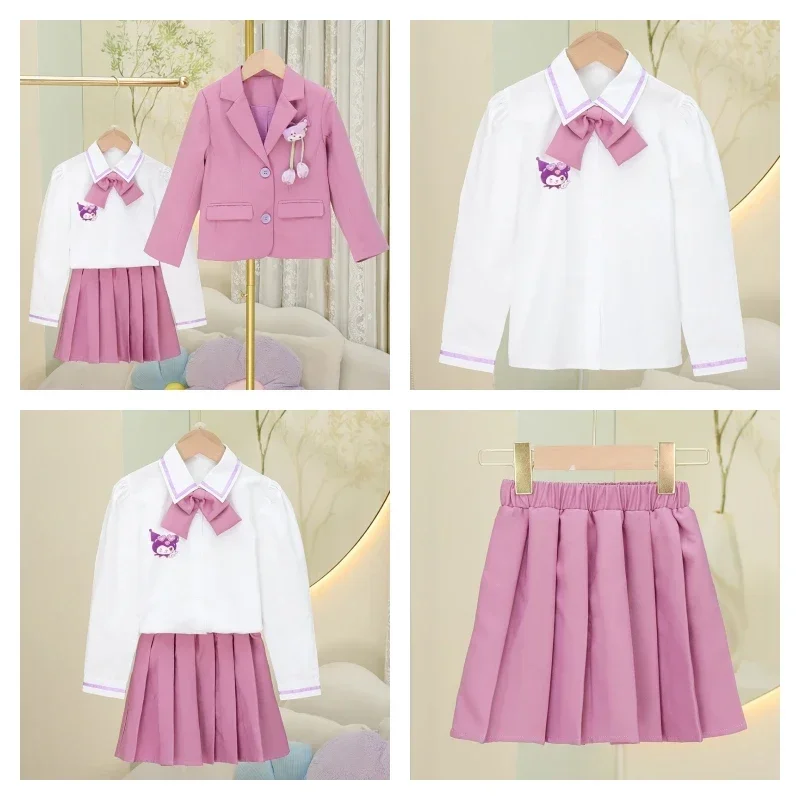 

Горячая рубашка Sanrio для девочек, пальто, юбка, комплект Kuromi Kawaii, аниме, студенческие осенние топы с лацканами, плиссированная юбка, комплект из 3 предметов, детская одежда