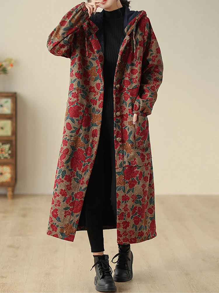 Casaco longo vintage de inverno feminino, elegante parkas com capuz, outwear acolchoado de algodão fino, mais veludo, senhora do escritório, novo, 2022