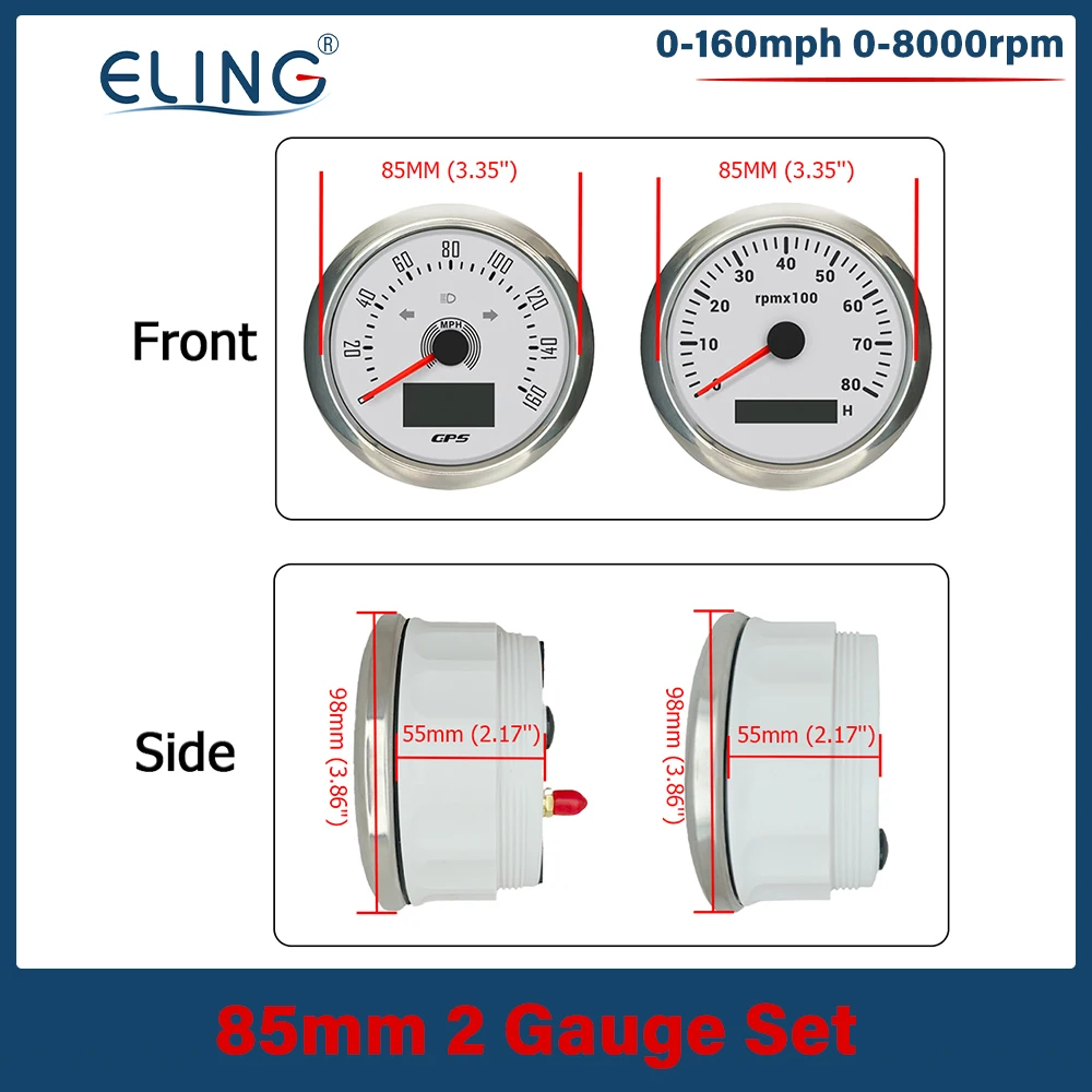 

ELING 2 Gauge Set 85mm GPS Speedometer 160MPH 200km/h 8000RPM Tachometer with 7 Colors Backlight 12V 24V for Car Vessels