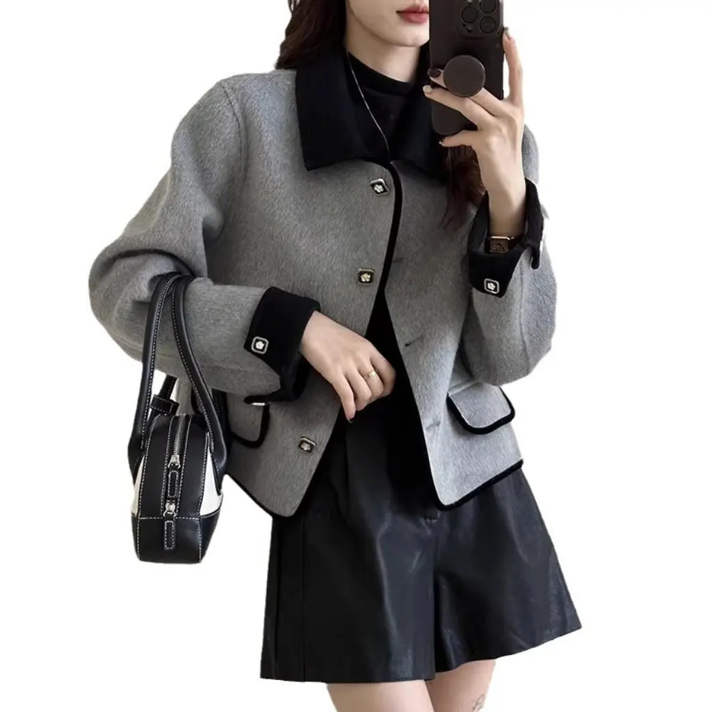 

Women's Double-Sided Wool Coat with Small Doll Collar Contrast Color Bag Side Single-Breasted H-Style Commuter Cashmere