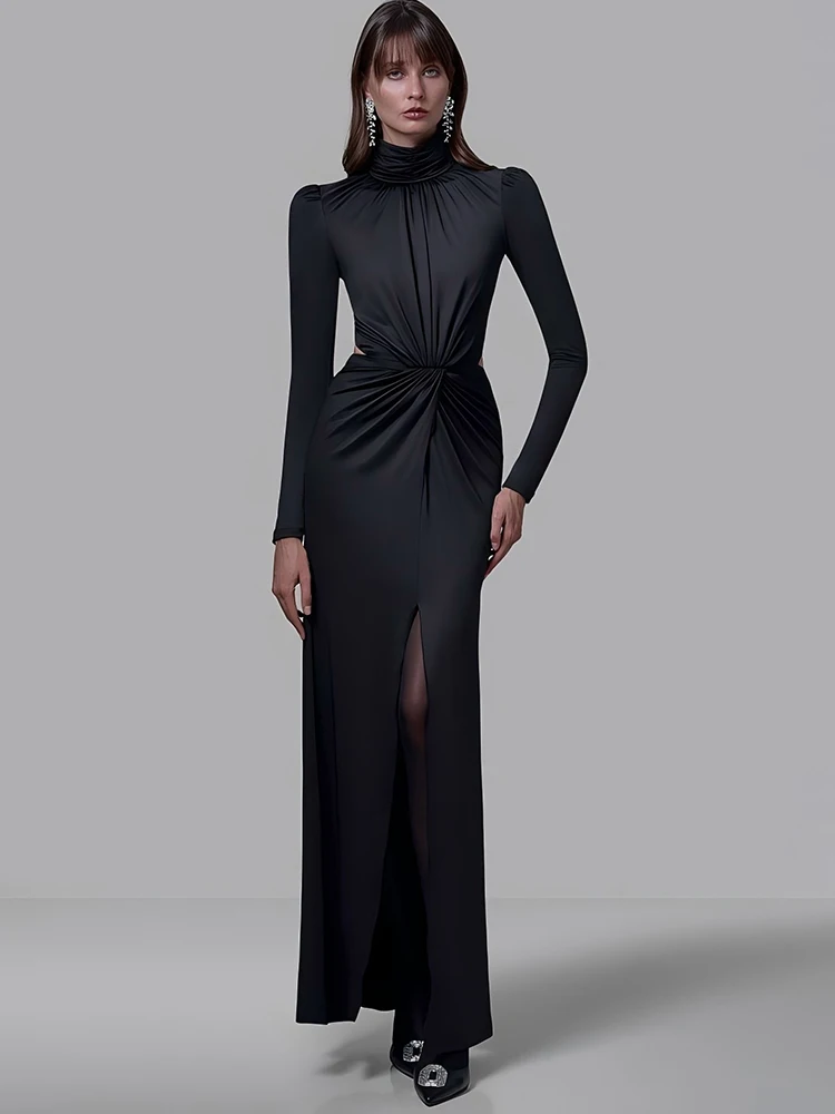 

Mozision Turtleneck Backless Sexy Maxi Dress Women Gown Autumn Winter Elegant Long Sleeve Thigh High Split Club Party Long Dress