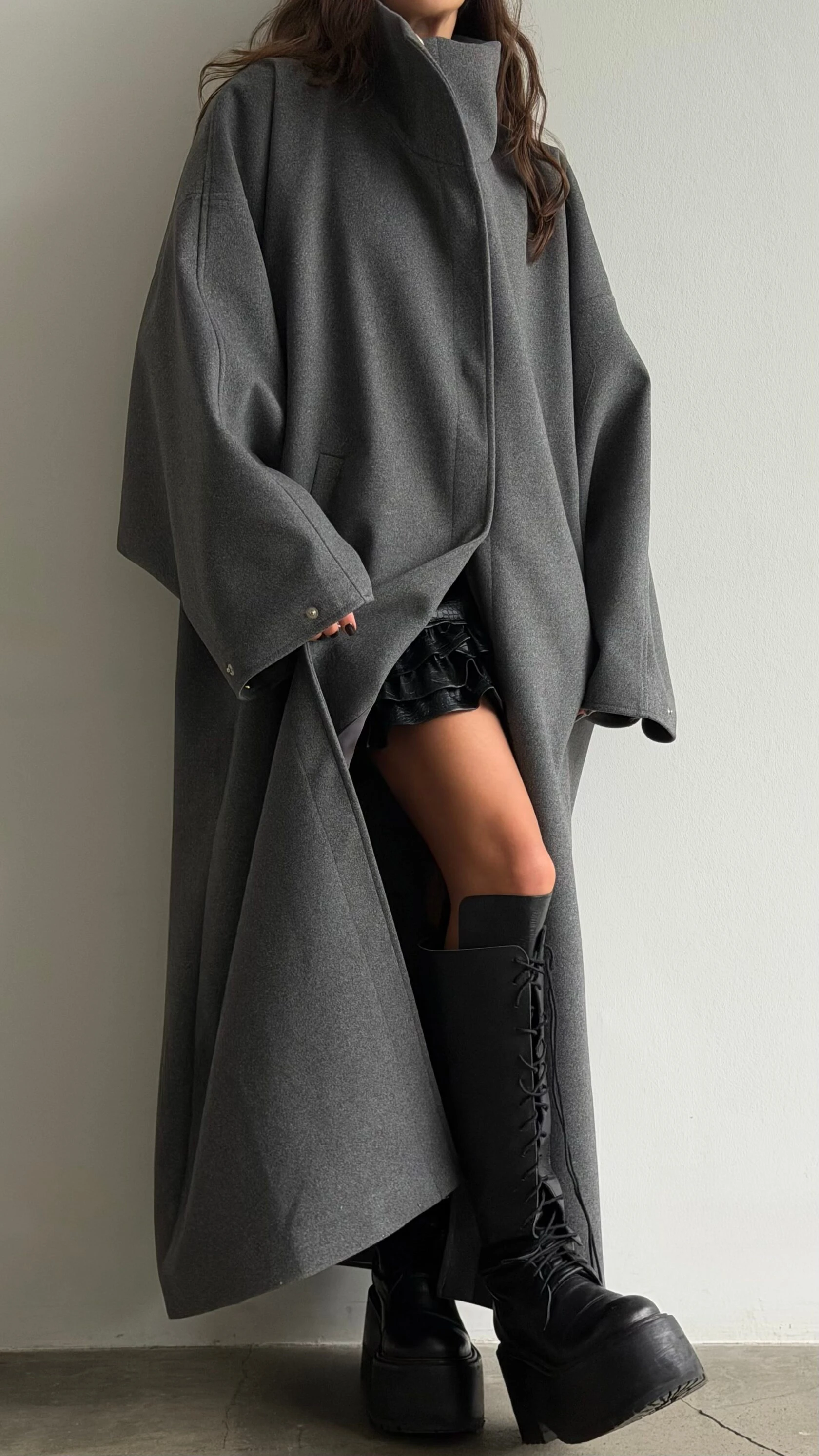 Womens Stand Collar Long Wool Blend Coat Long Sleeve Snap Button Oversized Loose Elegant Autumn Winter Daily  Casual Outerwear