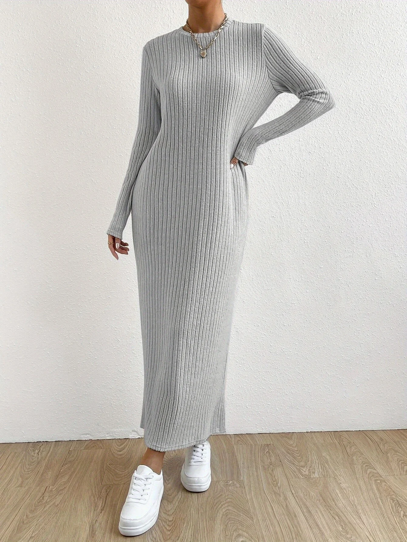 Elegant ribbed long sleeve slim fit dress - Round neck, solid color, polyester - For casual everyday wear