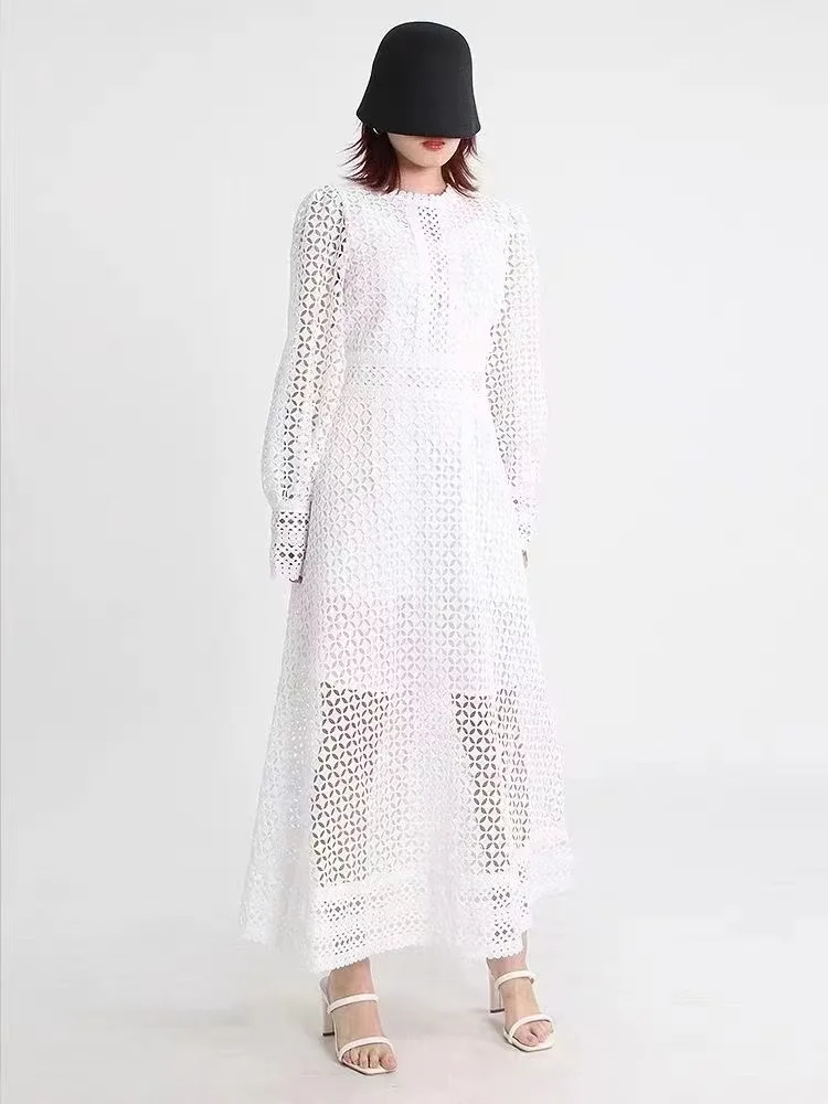 Embroidery Lace Evening Dresses Women 2023 Summer Autumn Hollow Out Long Sleeve Midi Party Vestidos Fashion Runway
