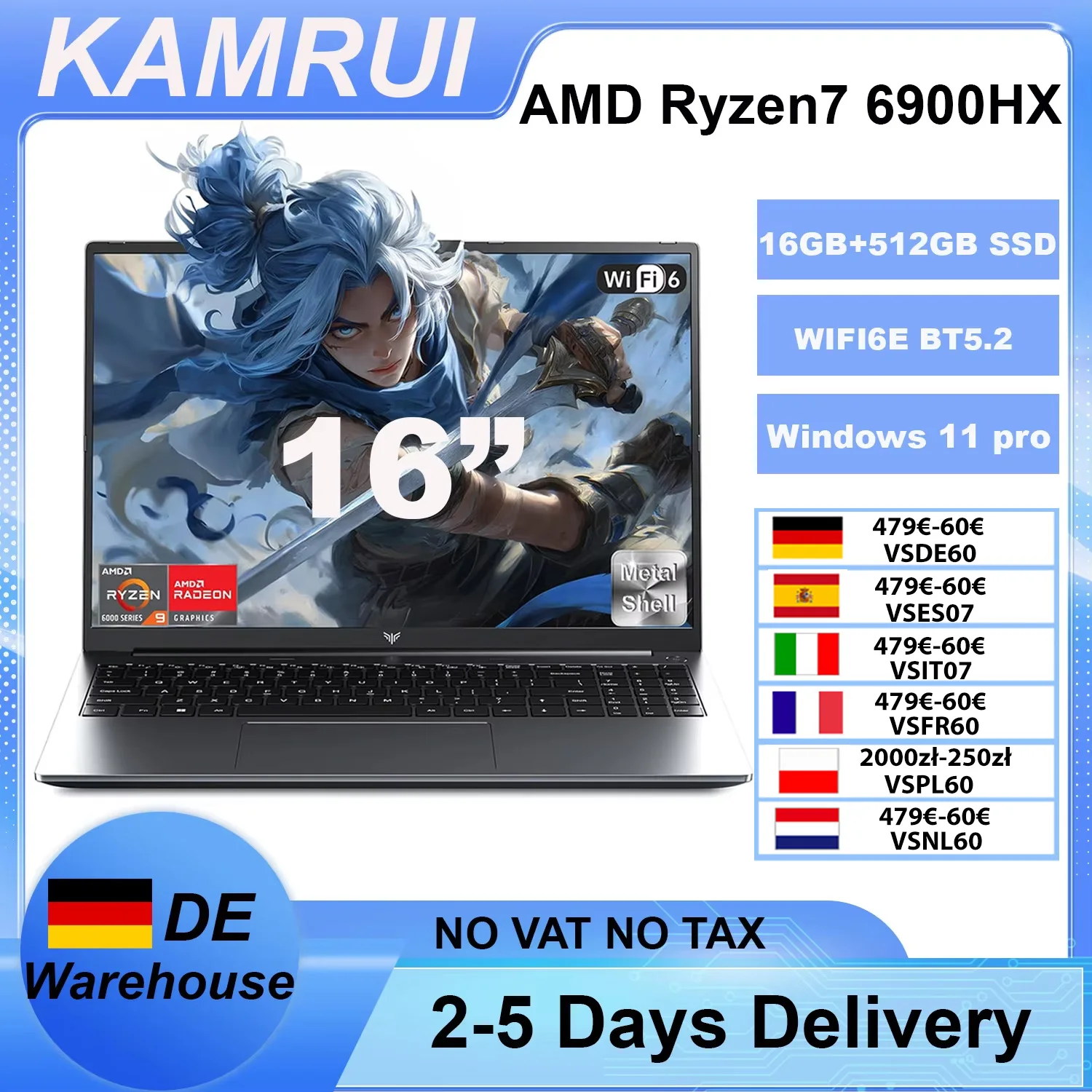 KAMRUI Gaming-Laptop 16 Zoll AMD Ryzen9 6900HX 16GB LPDDR5 512GB M.2 NVMe PCIe3.0 SSD Radeon 680M Win11PRO WiFi6 Beleuchtete Tastatur