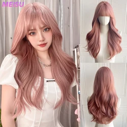 MEISU Pink Brown Curly Wigs Air Bangs 24 Inch  Fiber Synthetic Wigs Heat-resistant Natural Party or Selfie For Women