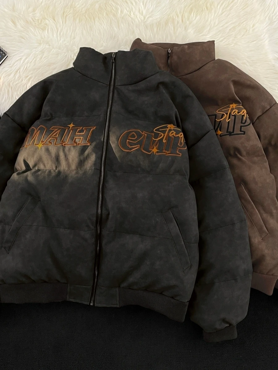 

Ретро-куртка унисекс из искусственной кожи с вышивкой, свободного кроя, утепленная, зимняя, с воротником-стойкой, модная