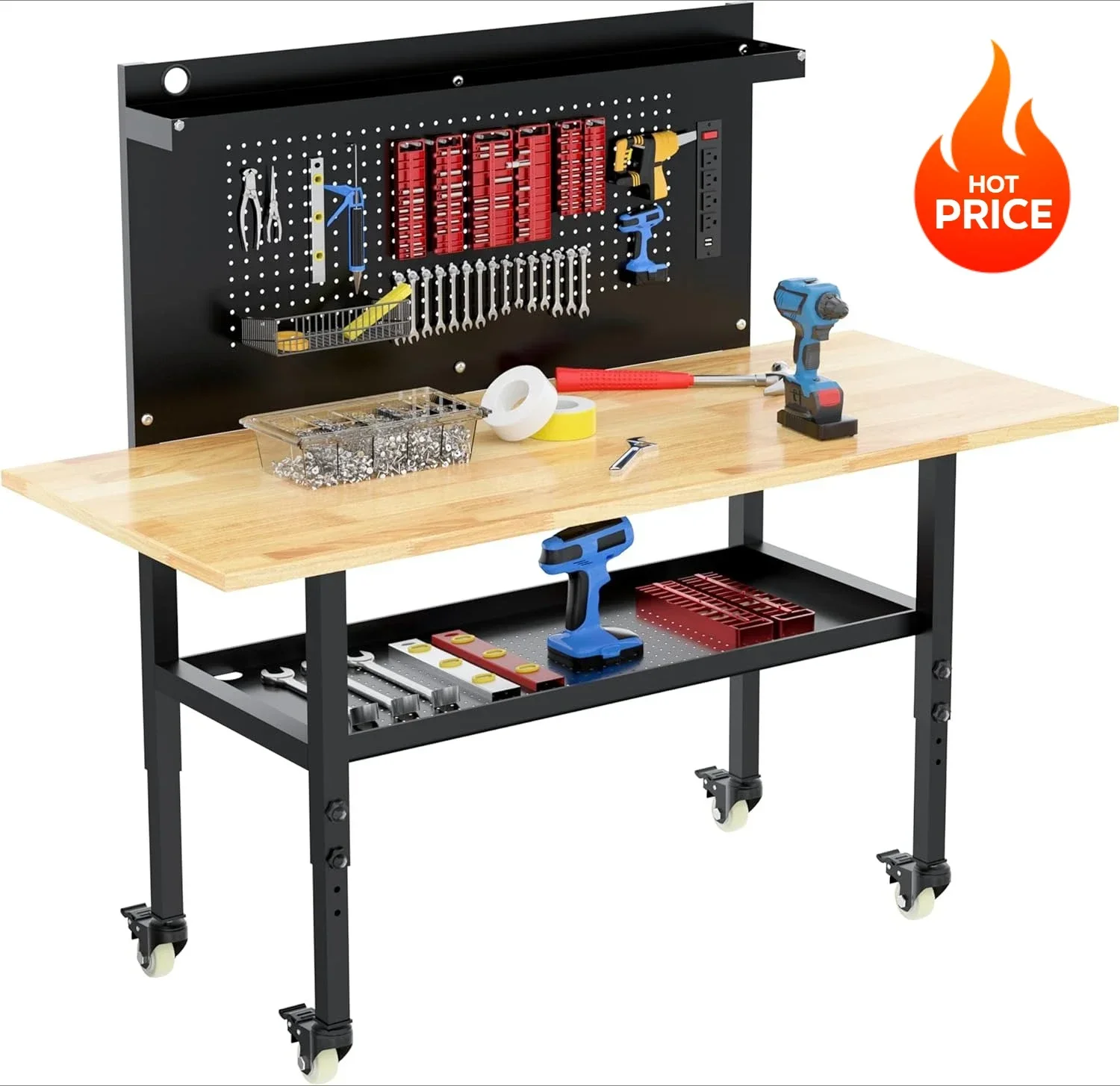 

60" Heavy Duty Adjustable Workbench with Large Pegboard& Partition, Rubber Wood Workstation for Garage, Workshop, Commercial