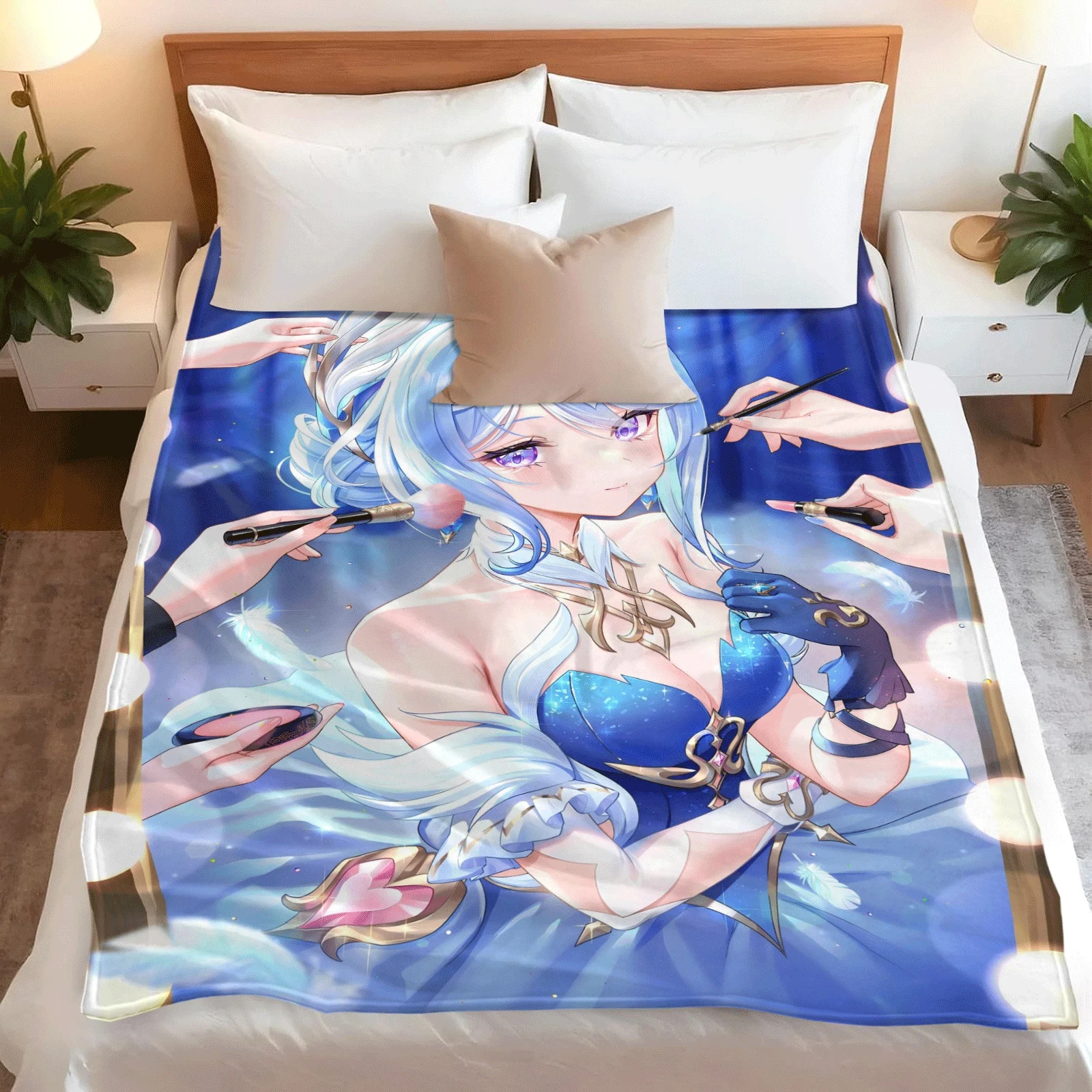 Anime Flannel Throw Blanket Odette Print Light Blue Hair Girl Makeup Preparation Scene Warm Sofa Bed Blanket Fan Gift