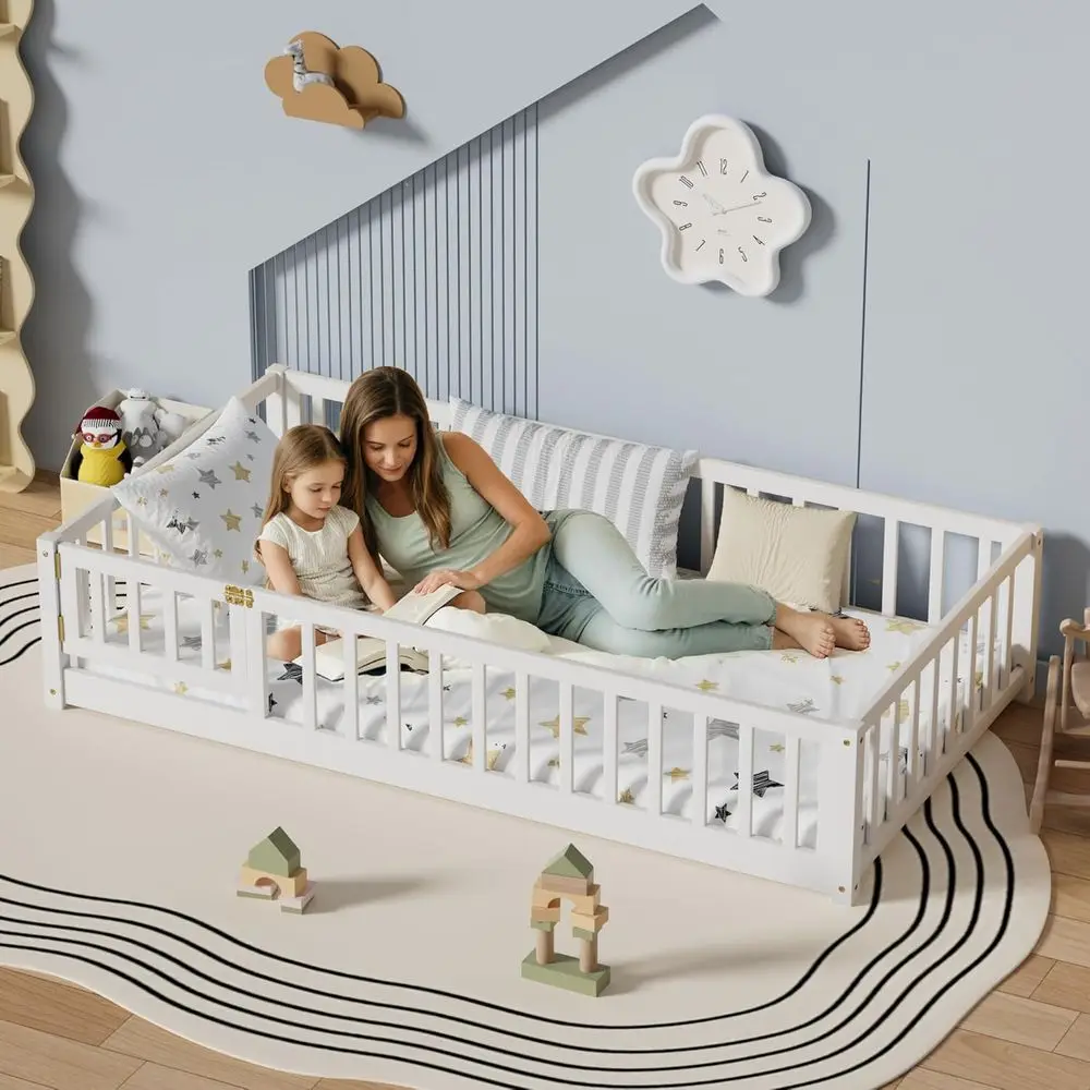 

i-POOK Twin loor Bed or Children, Sturdy Wood Montori Bed e with Wood Slats, High ence & Small Door, Montori loor Bed or Girls a