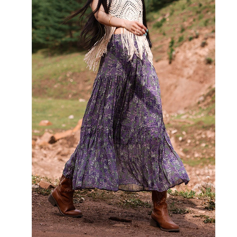 New Arrival Spring/summer Women Casual Loose Vintage Floral Print A-line Skirt All-matched High Waist Ankle-length Skirts T101