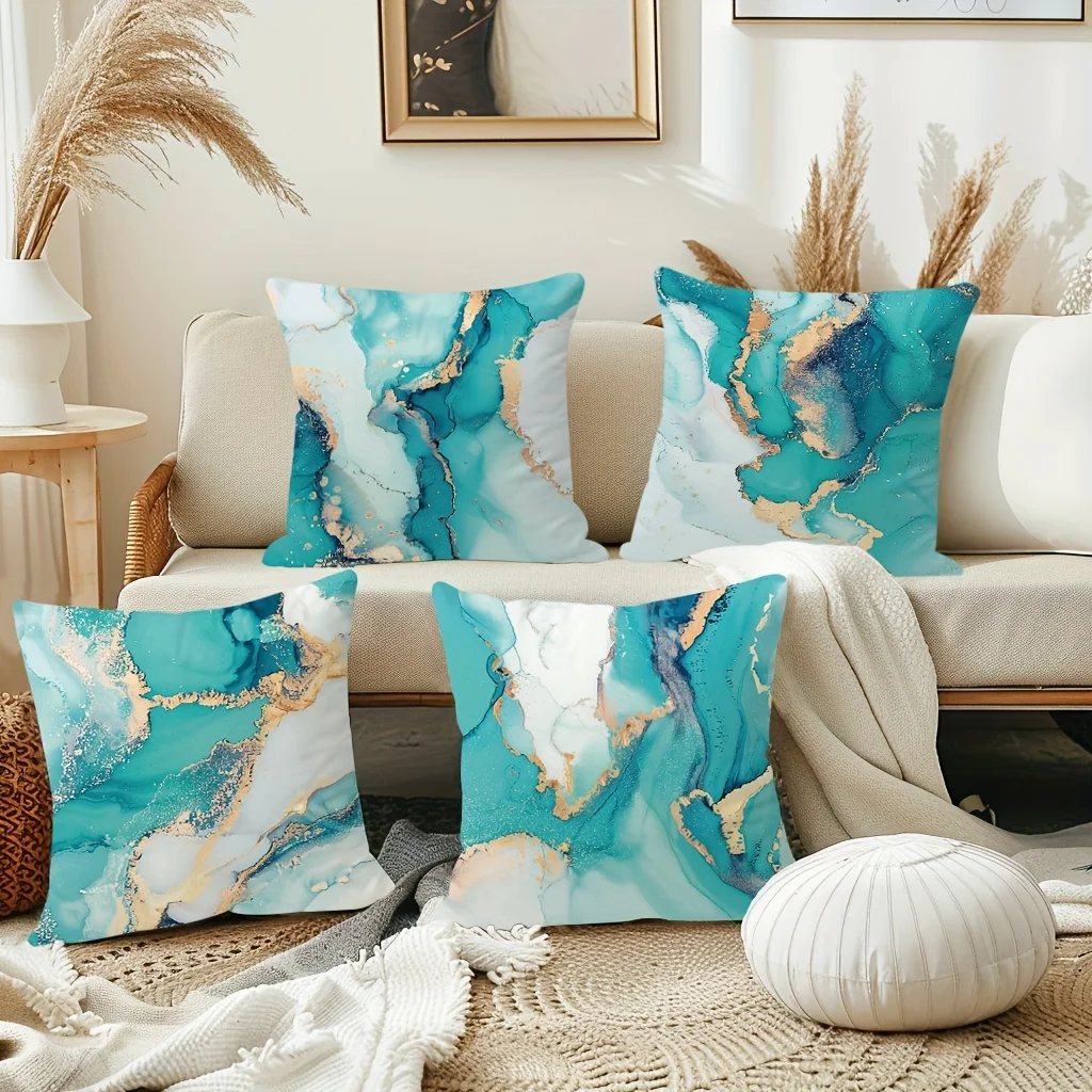 4 piezas, Fundas  Cojín Cortas  Felpa con Estampado  Mármol Turquesa, 45.72cm*45.72cm, Fundas  Cojín Decorativas Morna