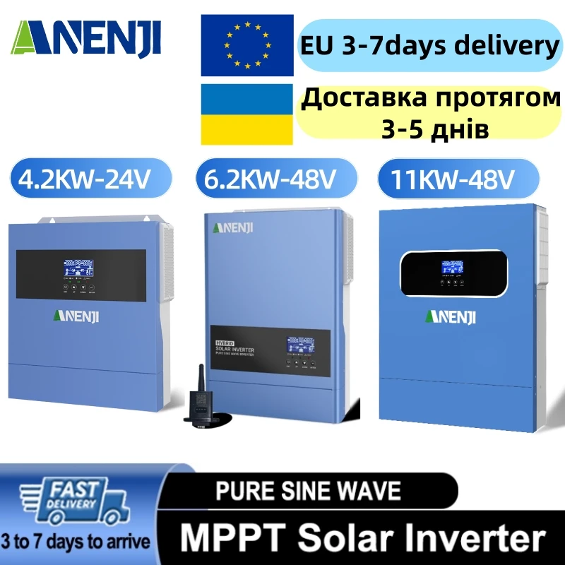 

ANENJI 4.2KW 6.2KW 11KW 24V/48V Solar Inverter Hybrid 220V Pure Sine Wave Inverter ON Off Grid built-in MPPT Charge Controller