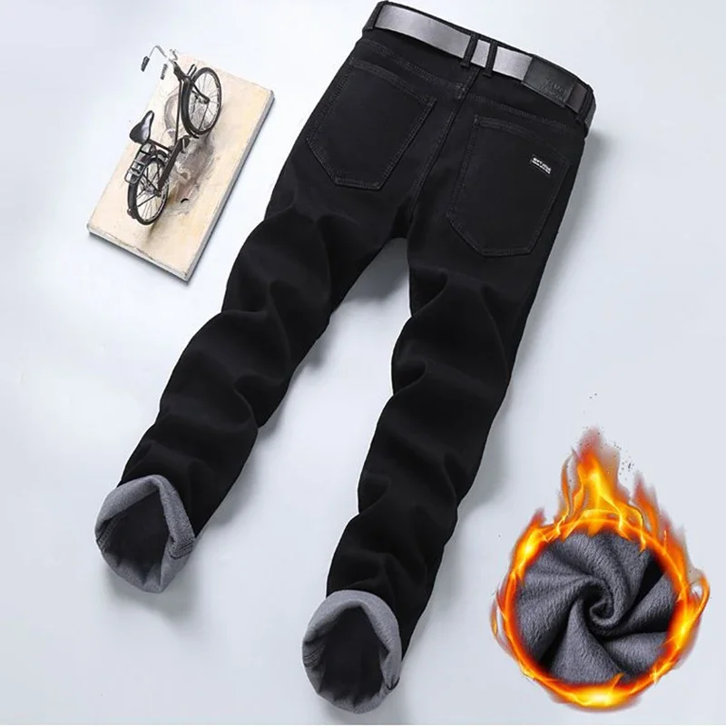 

Мужские зимние теплые джинсы с защитой от холода, мужские утолщенные джинсовые брюки на флисовой подкладке, удобные классические повседневные официальные черные брюки