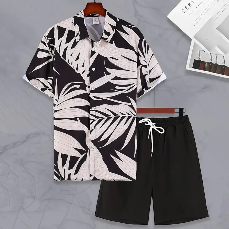 Stylish Lapel Button-Down Shirt Shorts Set Summer Men's Short-Sleeved Shirt Drawstring Shorts 2-Piece 3D Leaf Print Travel Suit