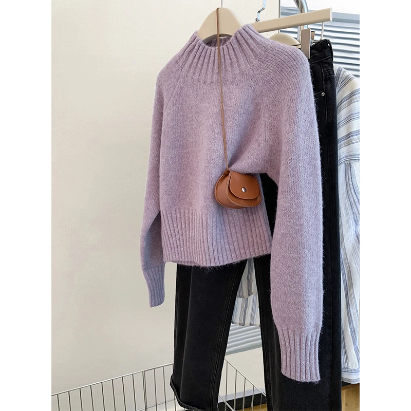 

Фиолетовый вязаный свитер Thiened, женский ор-F-высокий воротник, зимняя ленивая внутренняя одежда, топ в европейском стиле