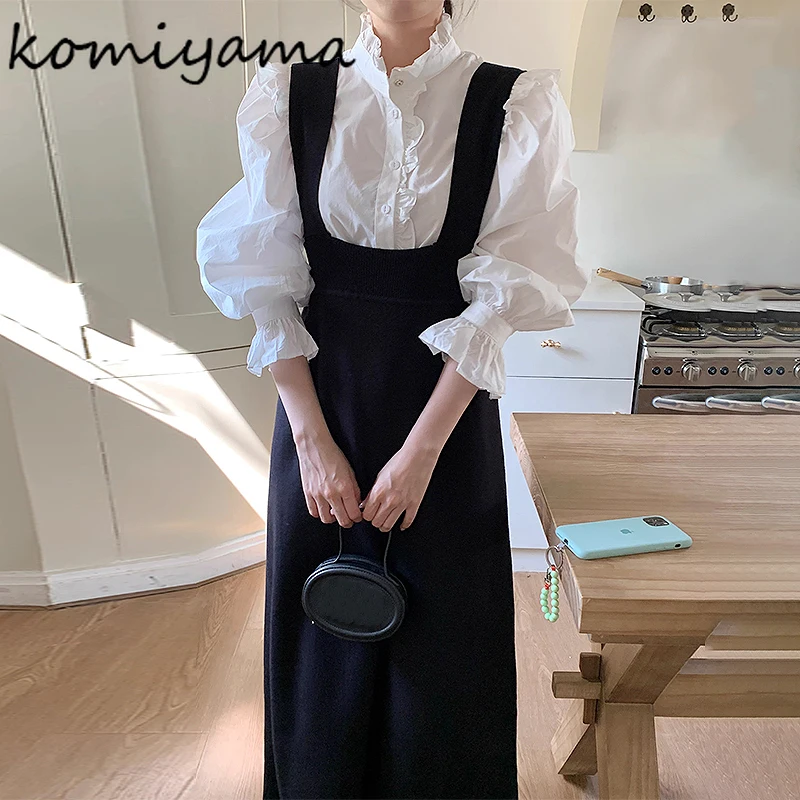 Komiyama Stand-up Collar Fungus Blusas Mujer Flare  Long Sleeves Shirts Blouses Single Breasted Camisas Spring Shirt Tops