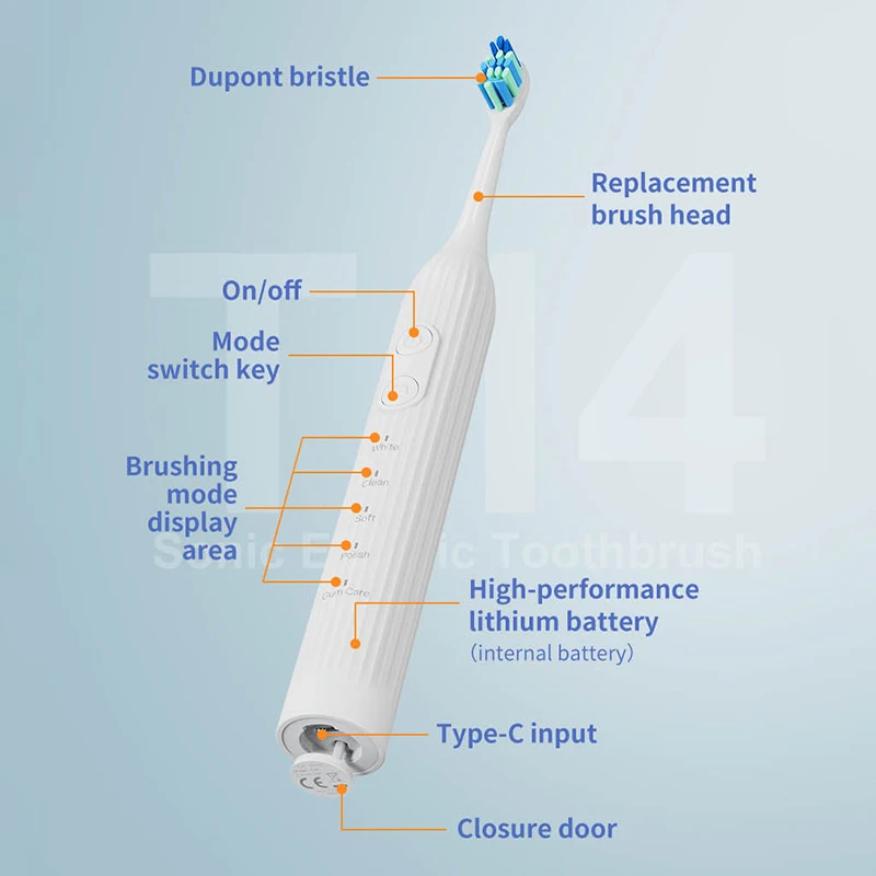 USB Recarregável Sonic Escova De Dentes Elétrica, T14 Escova De Dente Elétrica, 38000rpm, 5 Modos, 1 Pincel, 8 Escova De Cabeça, Caixa de Viagem