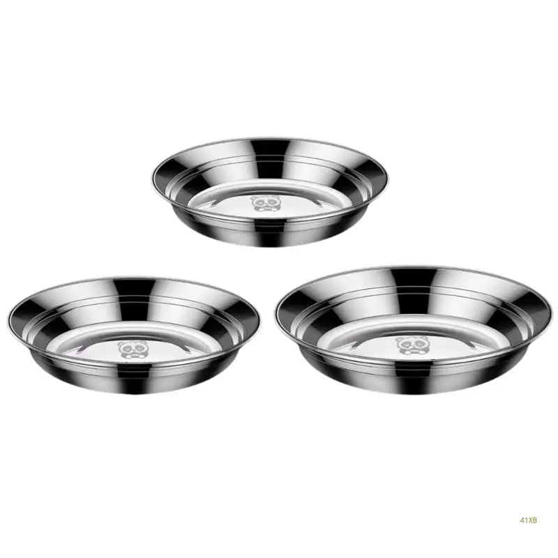 41XB Set of 3 Elegant 316 Stainless Steel Serving Plates Dish with Reinforced Edges