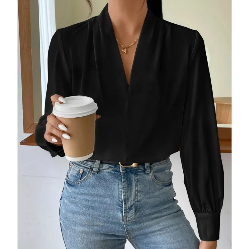 2024 Spring and Autumn Winter New Office Women\'s Long Sleeve Shirt Design Sense V-neck Solid Color Loose Top Autumn Shirt