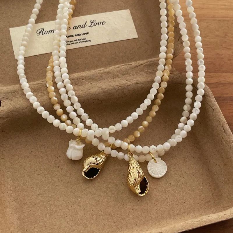 Minar Hot Sale Multiple Natural Stone Flower Round Thread Trumpet Shell Pendant Necklaces for Women Copper Chain Strand Chokers